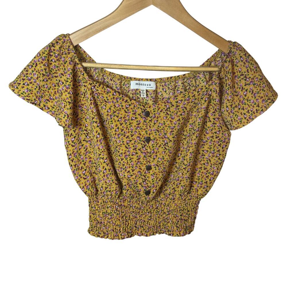 Monteau Flutter Sleeve Pullover Crop Top Yellow Floral Style #28874 Women Small
